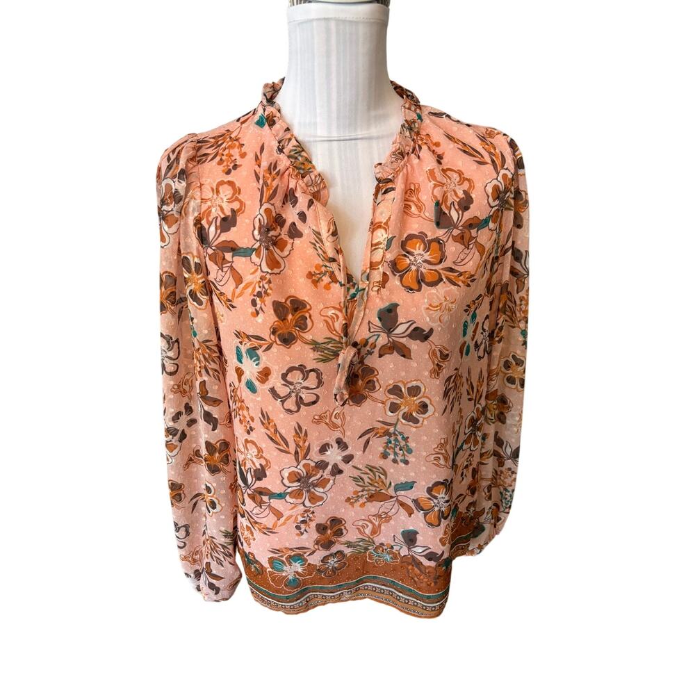 Joie Peach Floral Blouse Ruffle Neckline Size S
